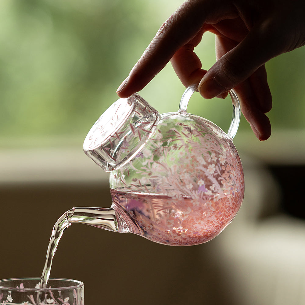 Glass Teapot Pink Blossom Borosilicate Floral Round 270ml