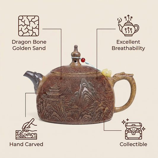 Landscape Teapot Yixing Gold Sand Clay Wood-Fired Carved 330ml