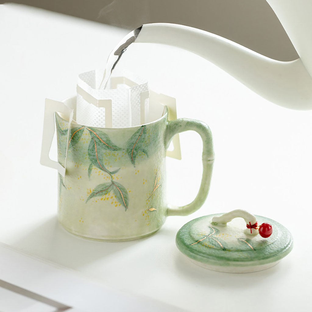 Ceramic Tea Cup Bamboo Green Glaze Osmanthus Gold 190ml