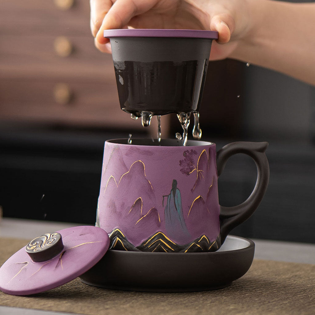Tea Cup Set Yixing Purple Clay Landscape Gold Accent 3-Piece