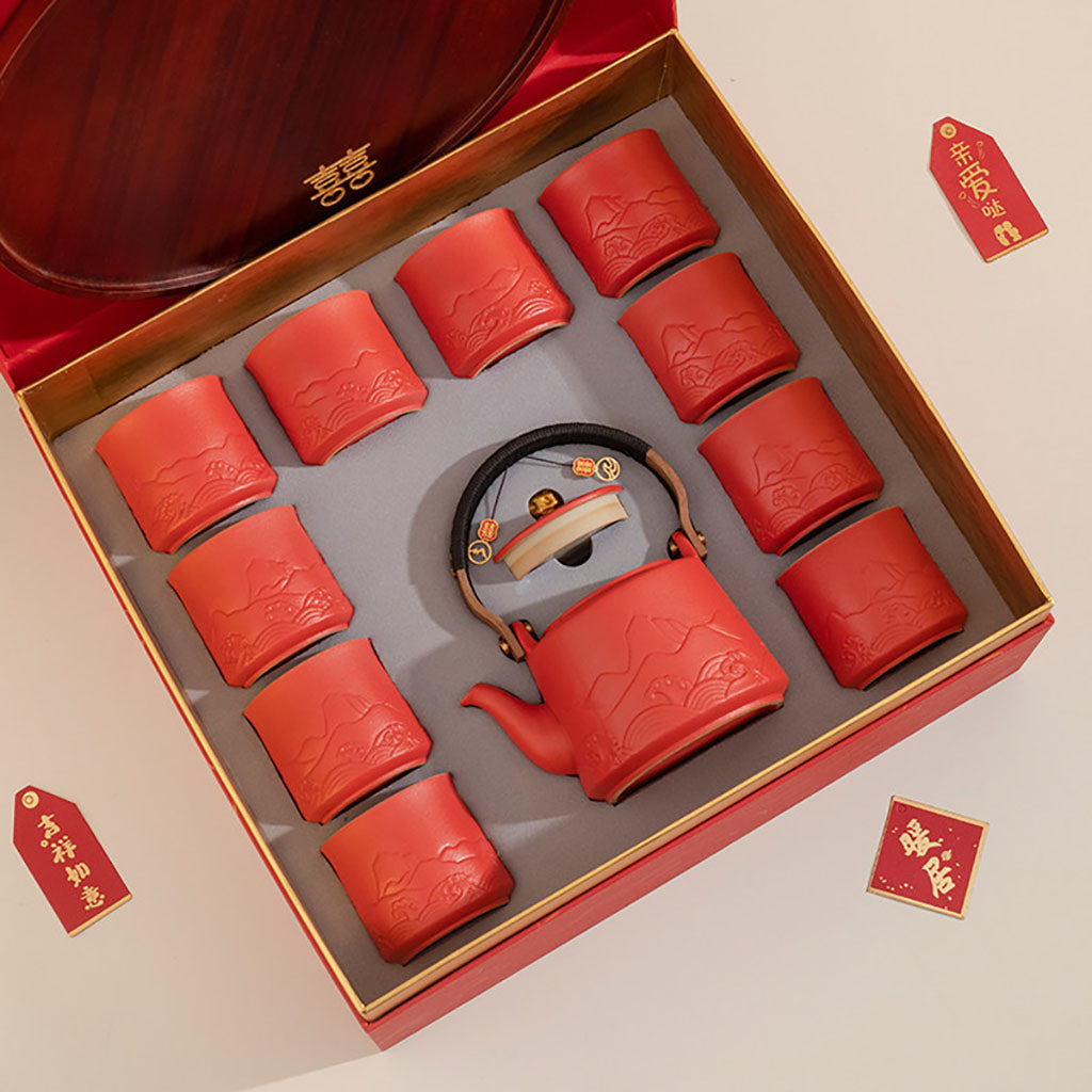 Wedding Tea Set Red Ceramic – Mountain Relief 10 Cups & Tray