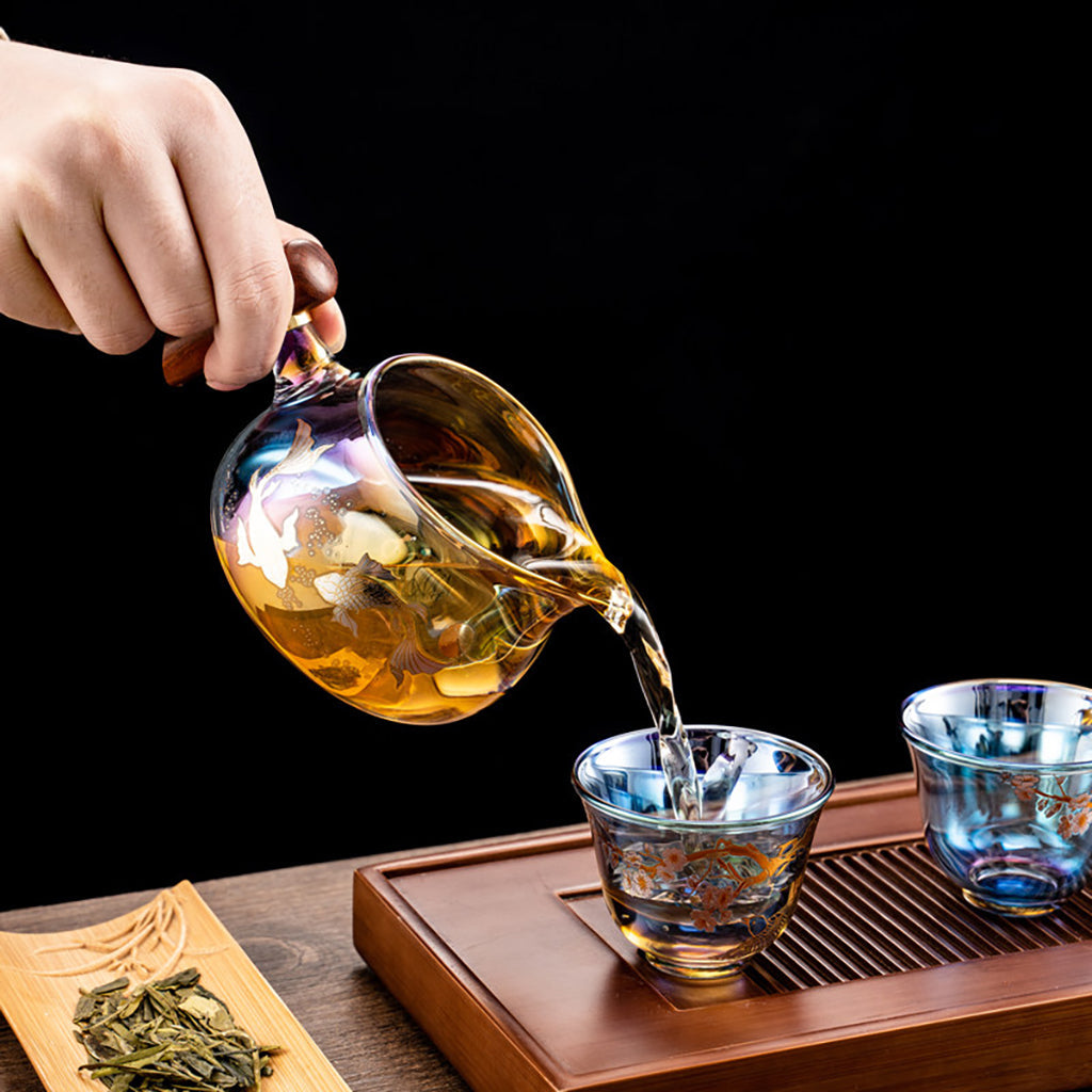 Iridescent Glass Gaiwan Tea Set Plum Crane 6 Cups