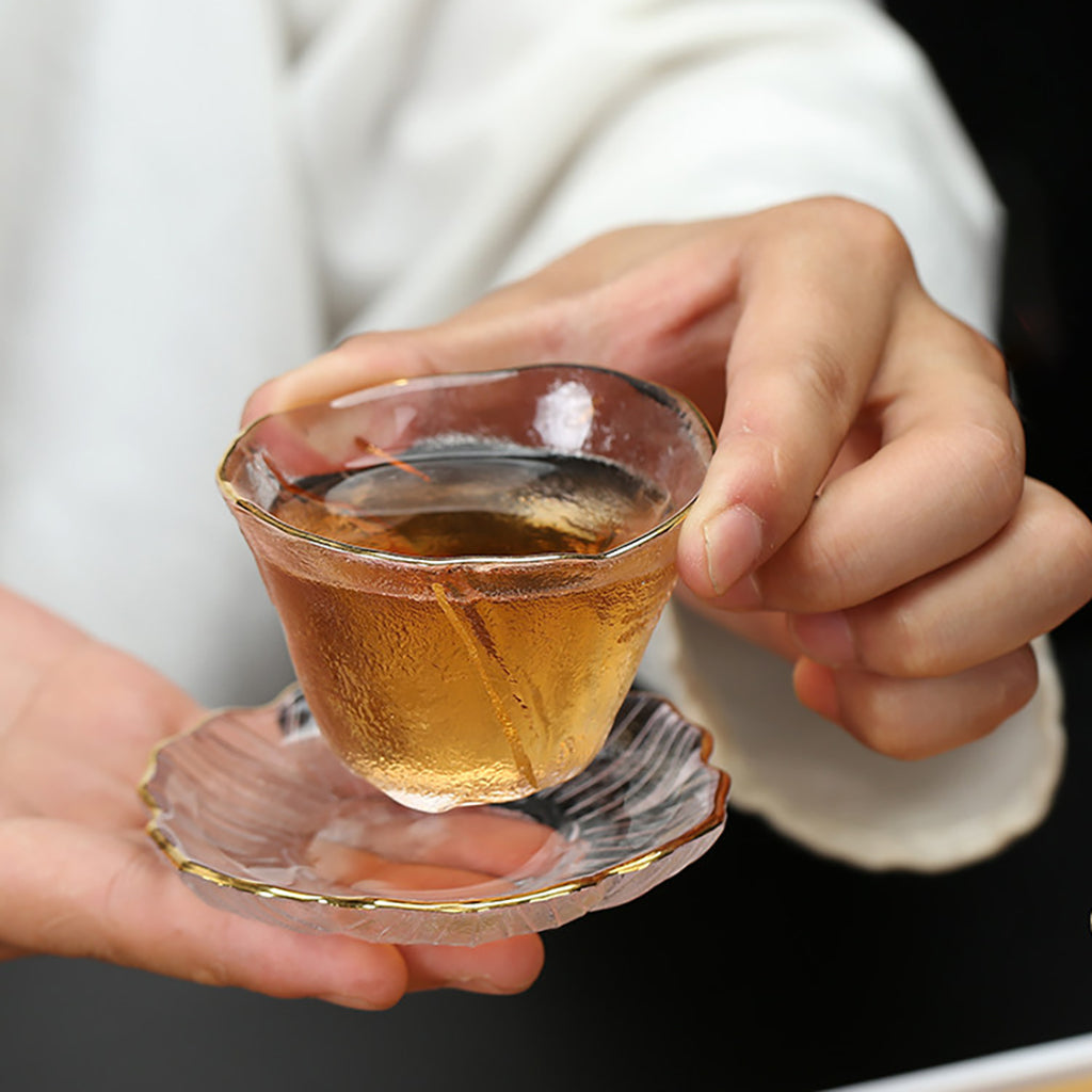 Glass Tea Set Borosilicate Gaiwan 6 Cups Ice Texture Plum Gold