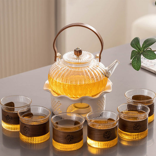 Glass Tea Set with Candle Warmer Pumpkin Stove Teapot Cups Tray