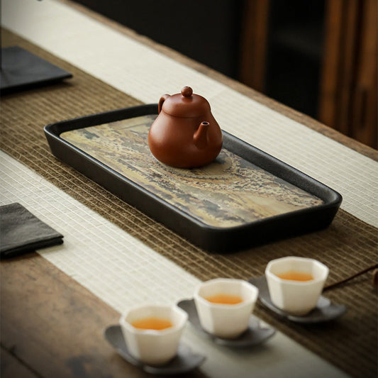 Ceramic Tea Tray | Absorbent Dry Brewing Tray Qingming Scroll Ink Art 30x15.5cm