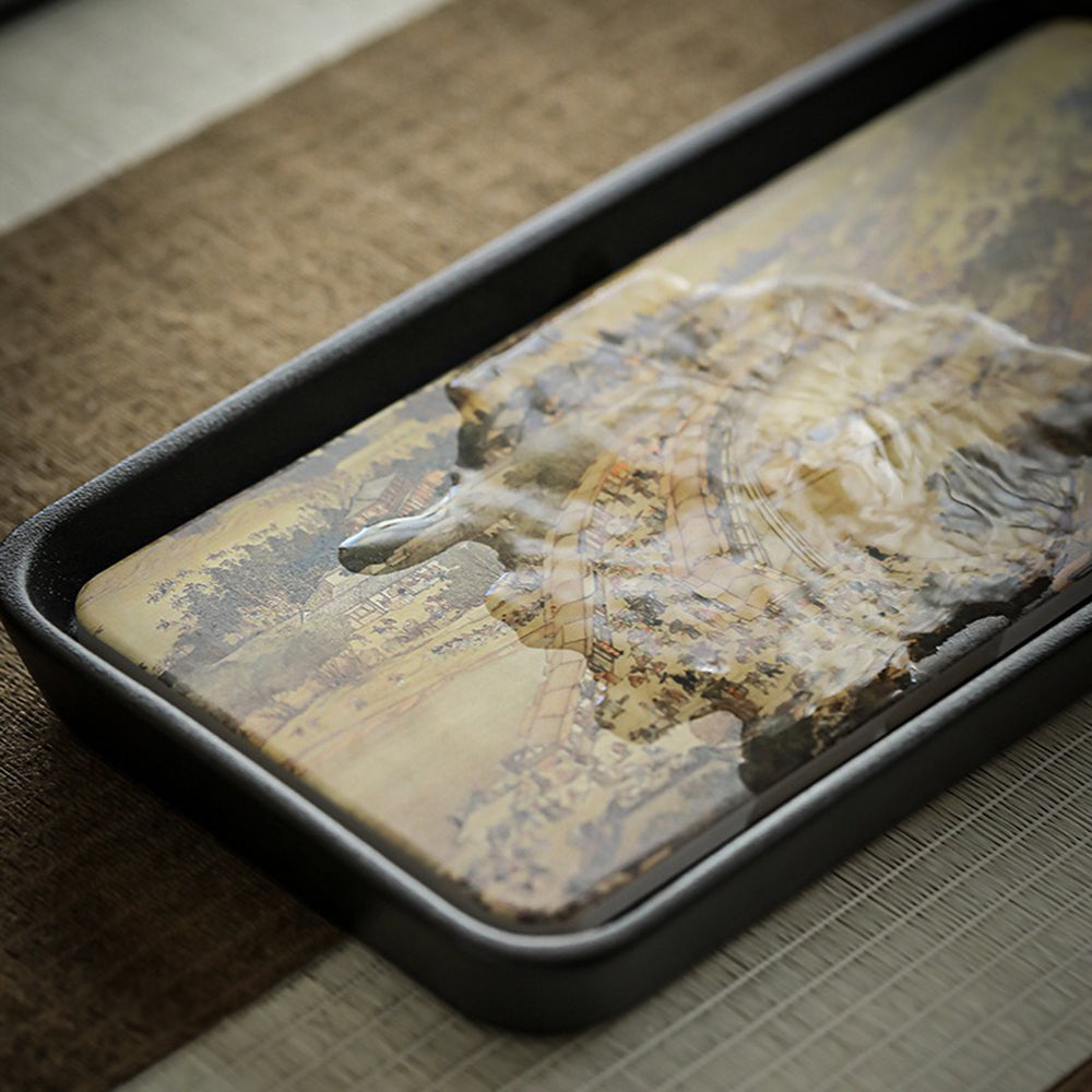 Ceramic Tea Tray | Absorbent Dry Brewing Tray Qingming Scroll Ink Art 30x15.5cm
