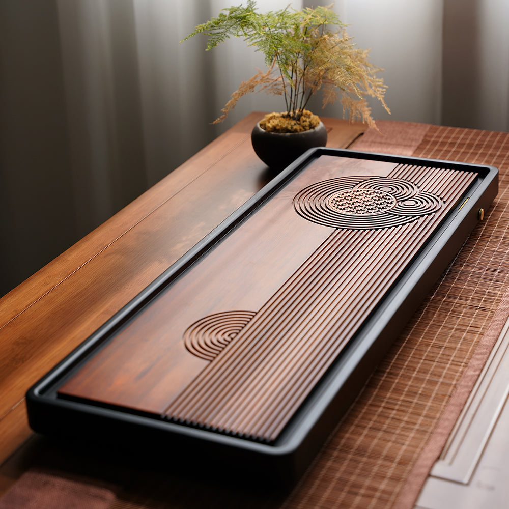Bamboo Tea Tray with Drainage - Water Ripple Brass Detail