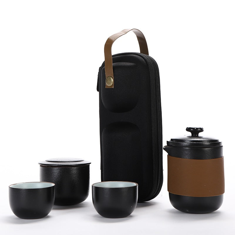 Travel Tea Set Black Ceramic With Handbag 6-Piece