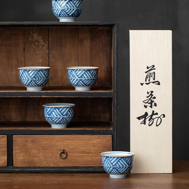 Tea Cup Set of 5 – Hasami Ware Ruriei no Tori Blue Glaze
