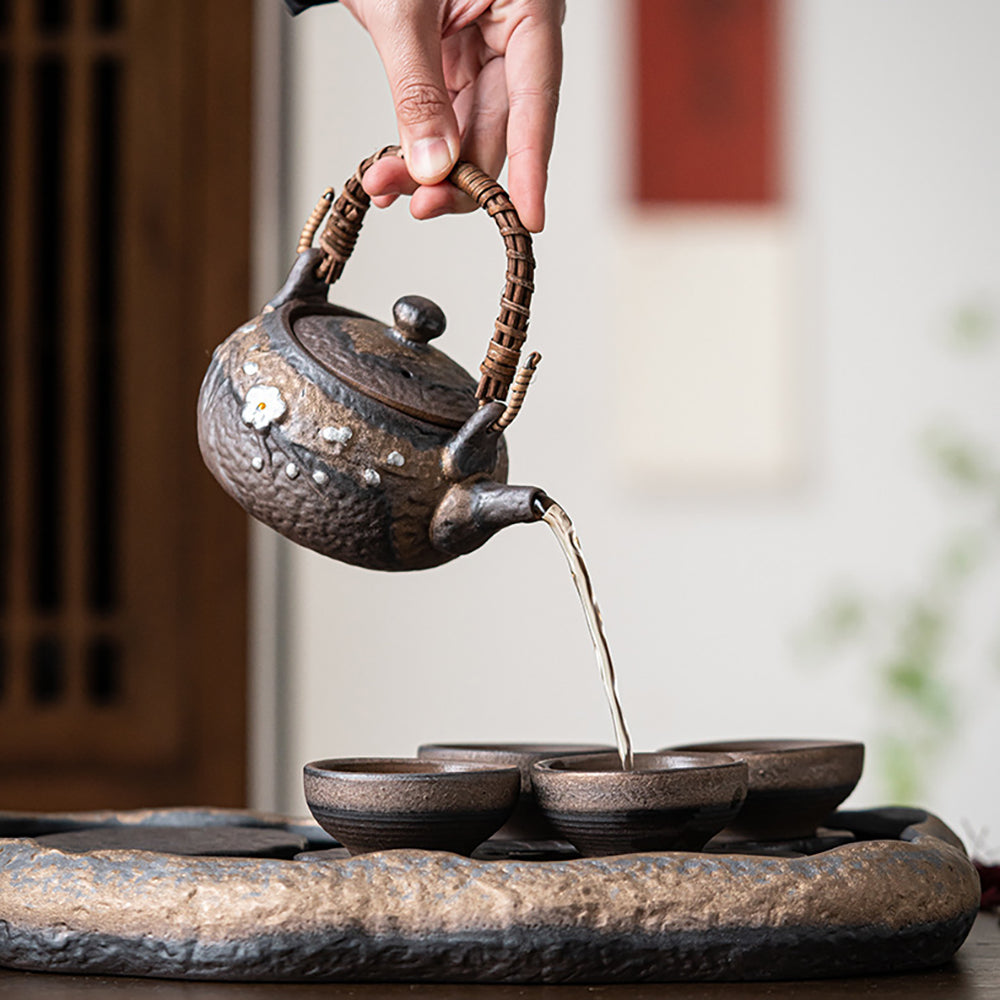 Wabi-Sabi Stone Pottery Tea Set | Lotus Tray Zen 6-Piece