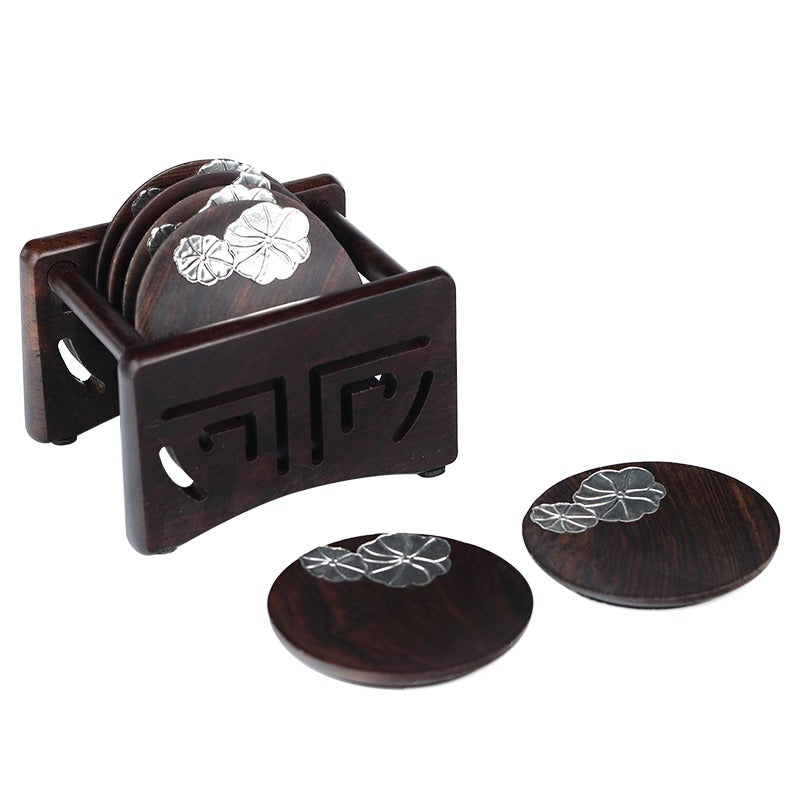 Ebony Wood Coaster Set Silver Lotus 6-Piece with Holder