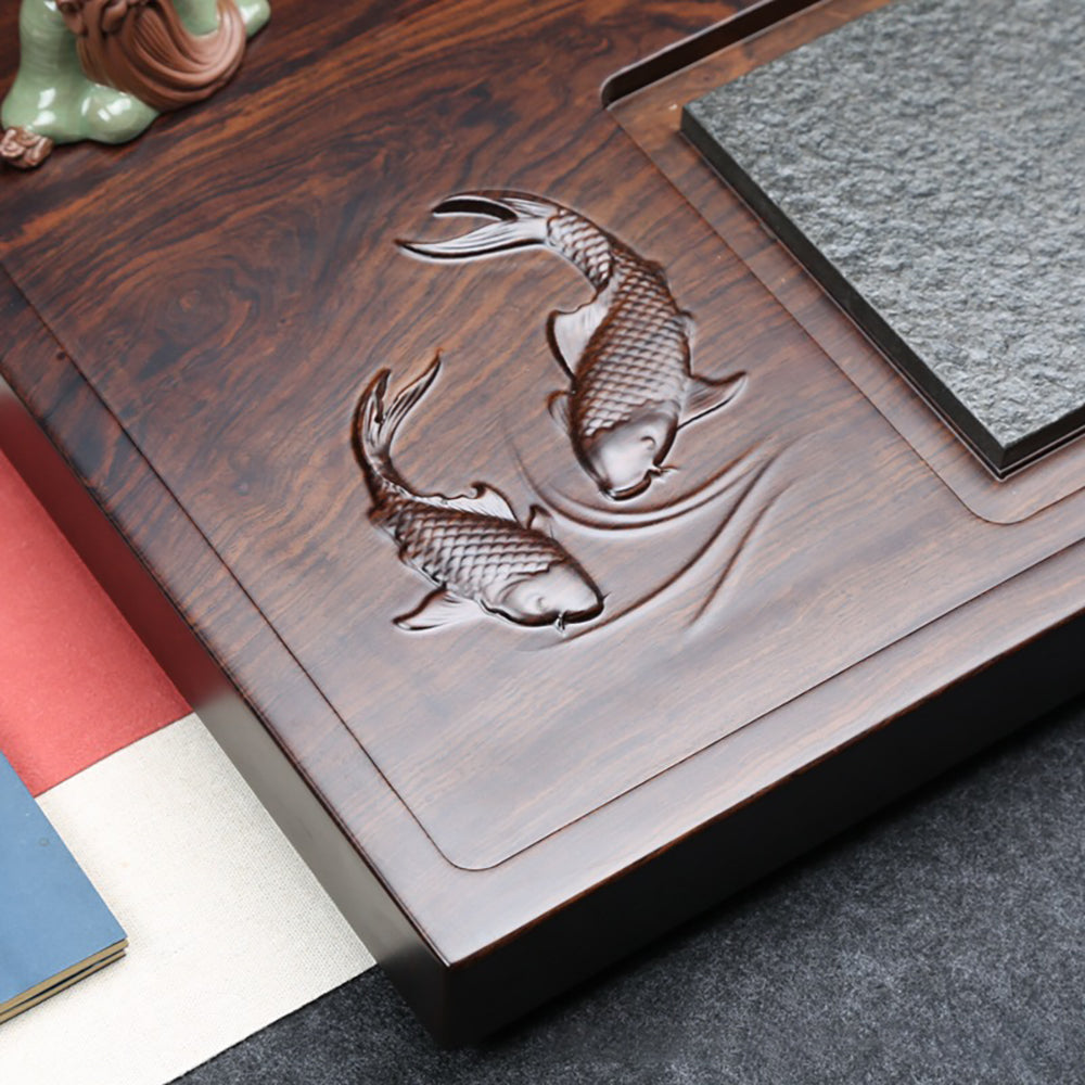 Tea Tray Stone Wood | Goldfish Carved Minimalist Gongfu