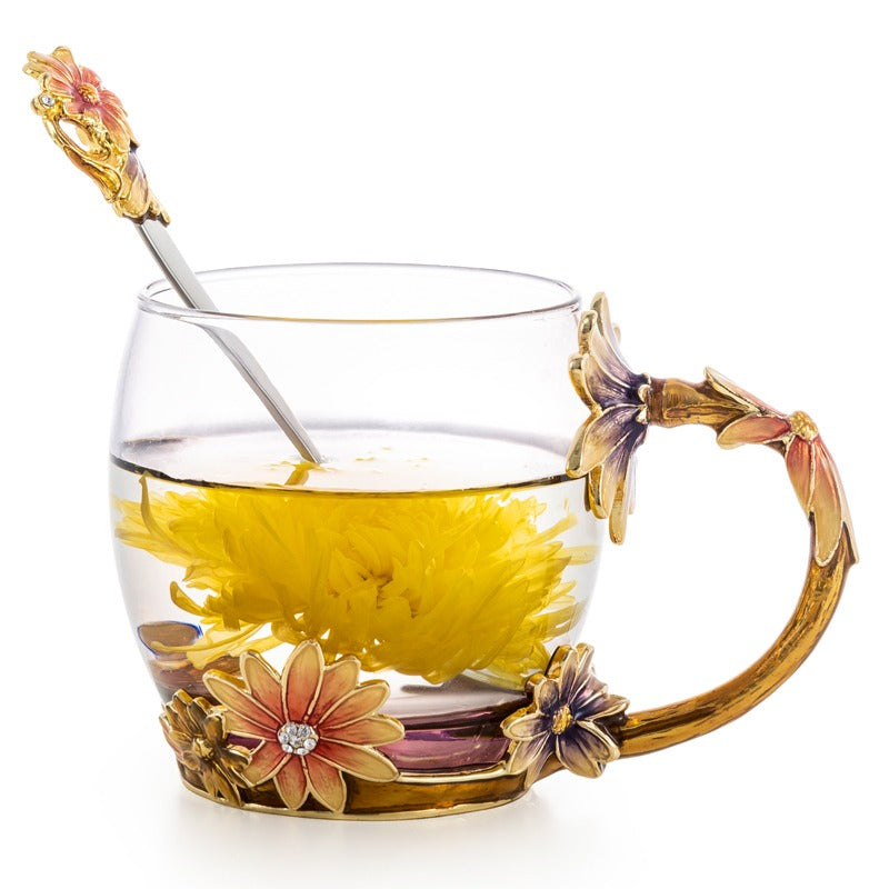 Enamel Flowers Borosilicate Glass Tea Cup 350ml