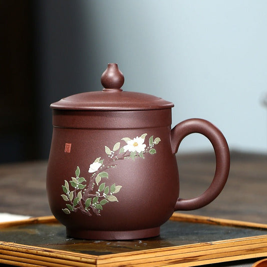Zisha Tea Cup Peony Relief Lid Yixing Purple Clay 400ml
