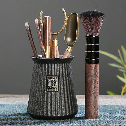 Gongfu Tea Set Ebony Wood Six Gentlemen Ceramic Fu Holder