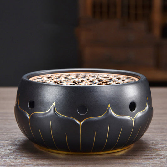 Teapot Warmer Black Ceramic Lotus Design With Copper Pad