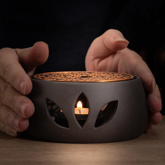 Teapot Warmer Candle Holder Black Clay Copper Plate Lotus Design