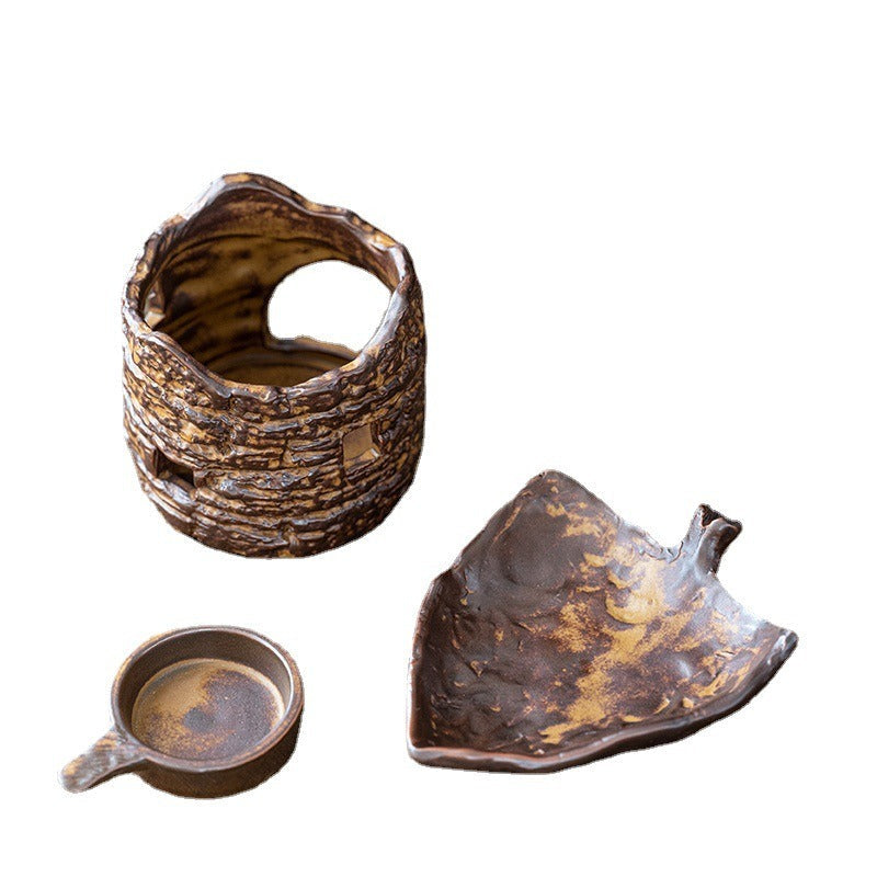 Candle Tea Warmer Pottery Tree Stump Leaf Saucer 3-Piece