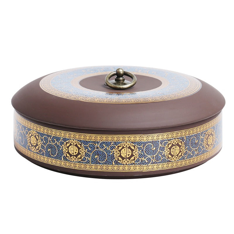 Tea Caddy Yixing Purple Clay Pu-erh Cake Flat Gold Floral 21cm