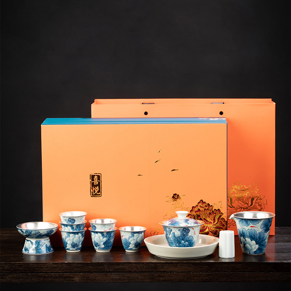 Gaiwan Tea Set | Enamel Lotus Fish Porcelain Silver Plated