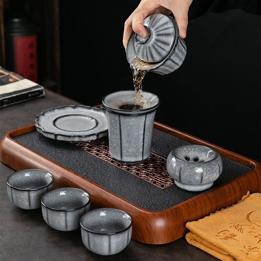 Kung Fu Tea Set Black Ice Crack Ceramic 11-Piece