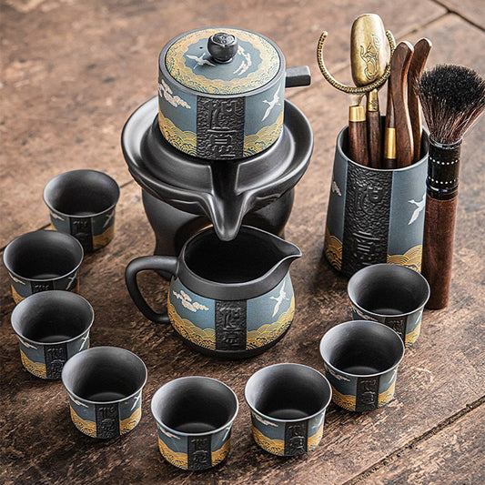 Automatic Gongfu Tea Set – Cranes & Auspicious Clouds 11-Pc