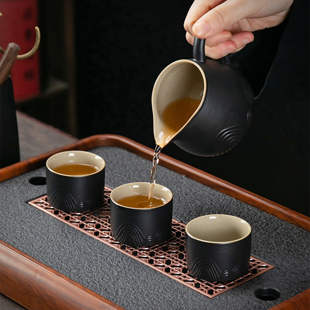Japanese Black Pottery Tea Set Mountain Zen Gaiwan 14-Piece