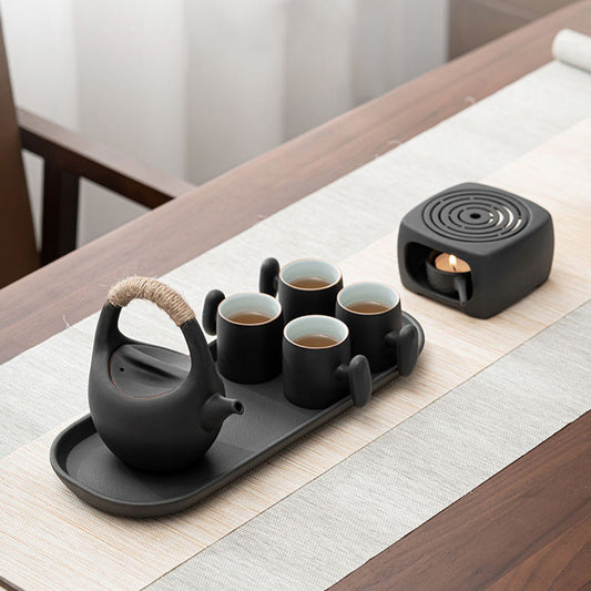 Japanese Black Pottery Tea Set with Warmer 7-Piece
