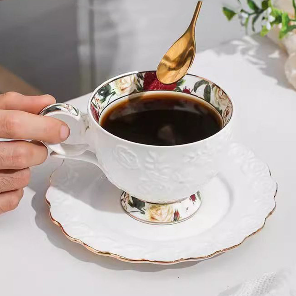 Bone China Tea Set Rose Engraving Gold Rim 8pc with Tray