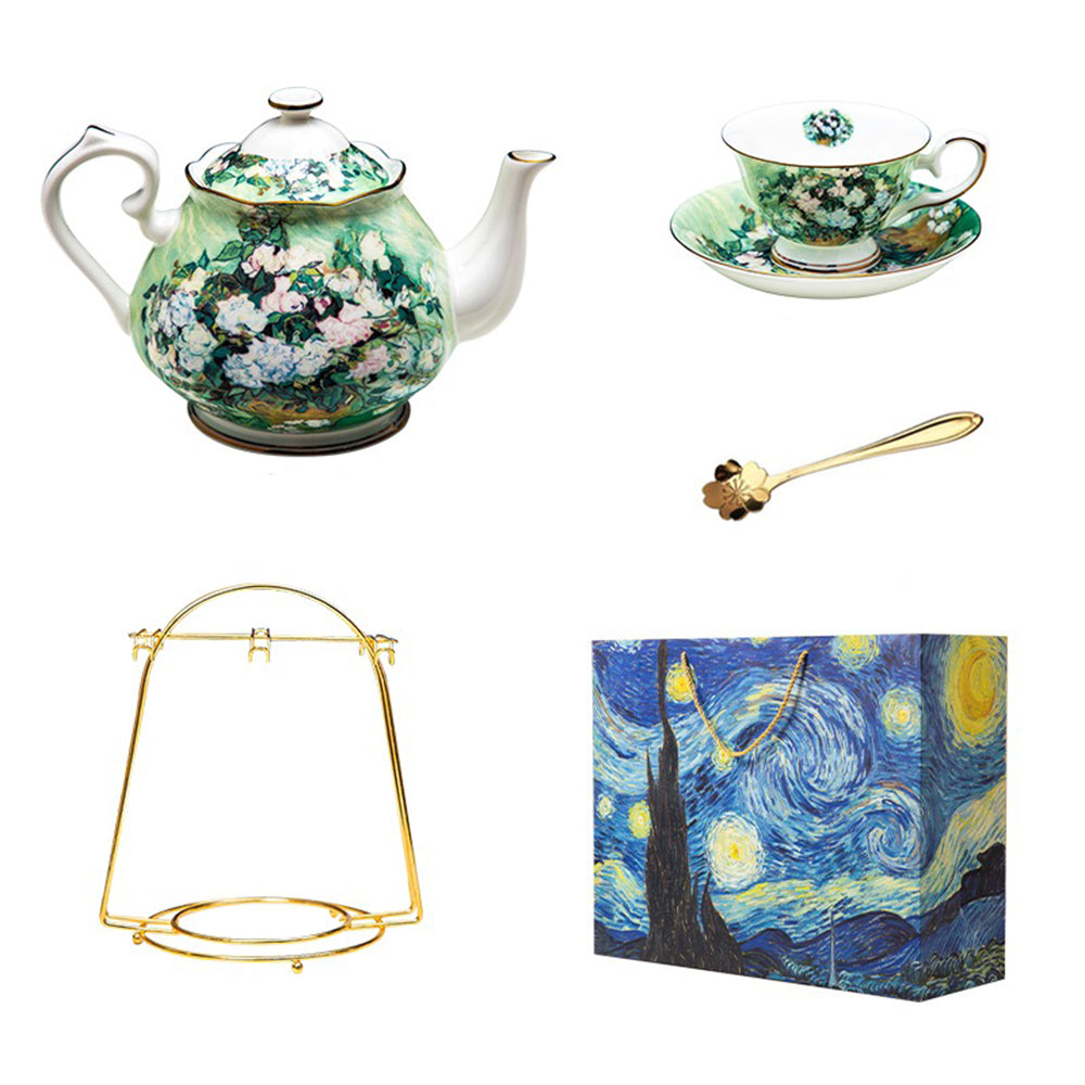 Bone China Tea Set Van Gogh White Rose Gold Rim 21-Piece