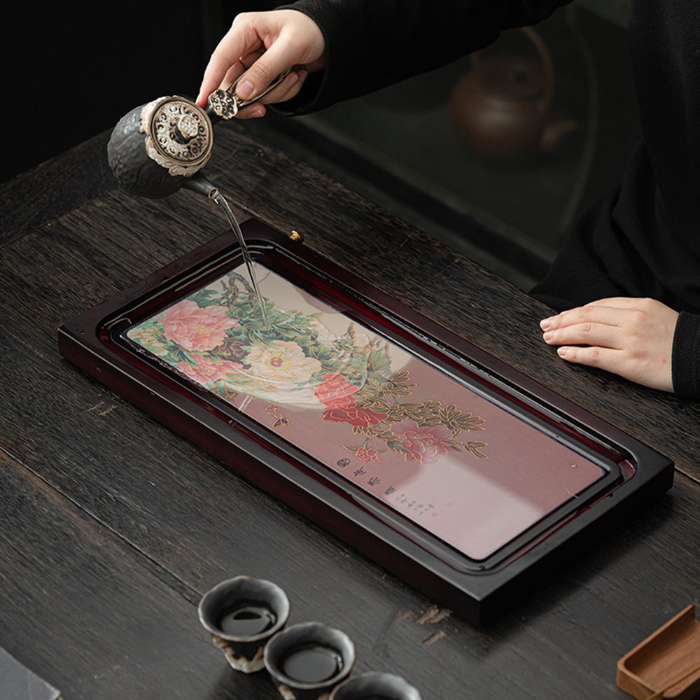 Color Changing Bamboo Tea Tray with Peony Pattern & Drain