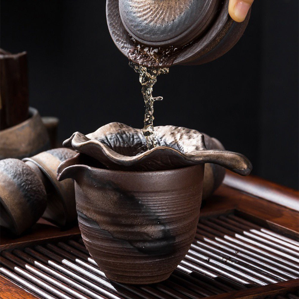 Gongfu Tea Set Wabi-Sabi Pottery – 14-Piece with Tray