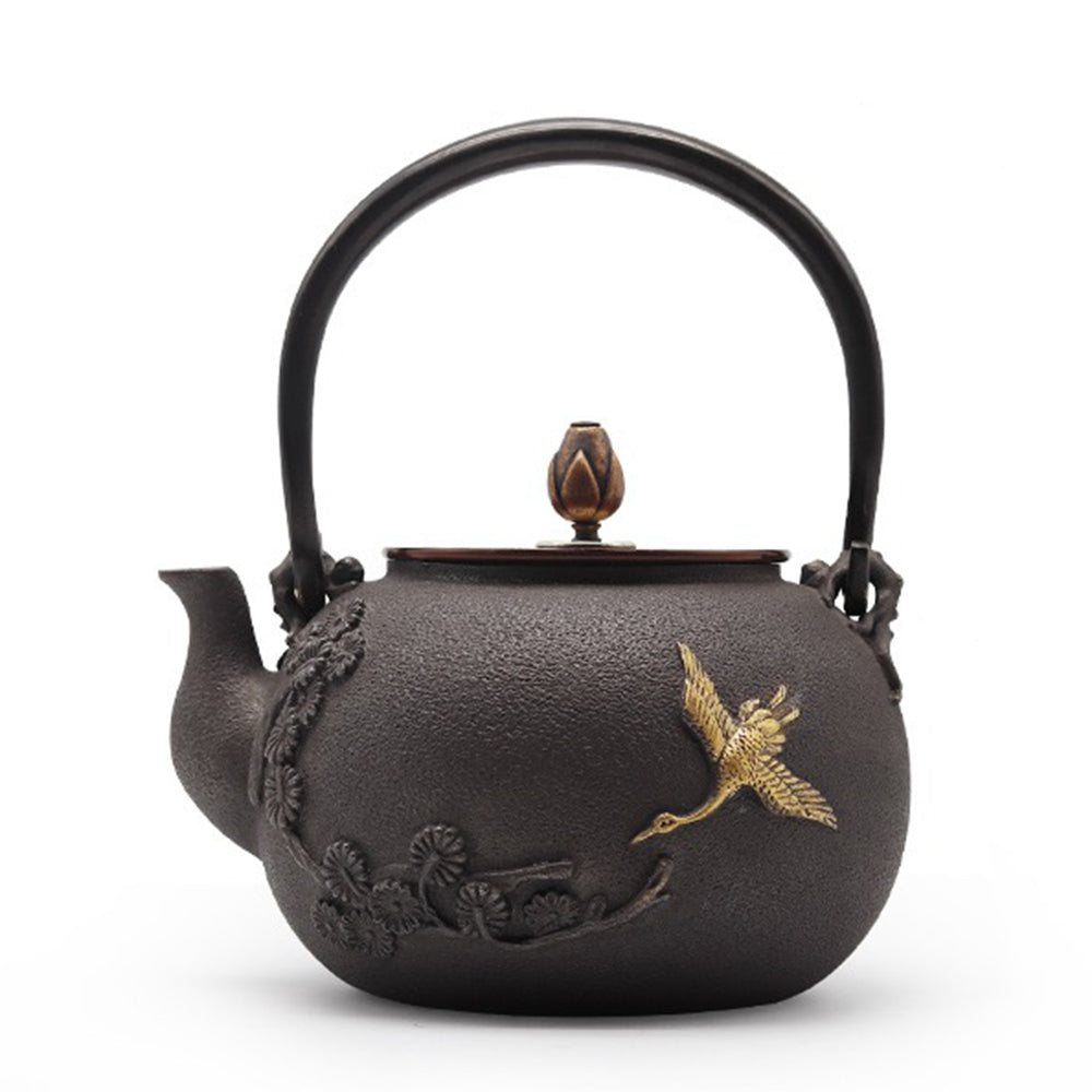 Cast Iron Teapot Pine Crane 1200ml with Copper Lid
