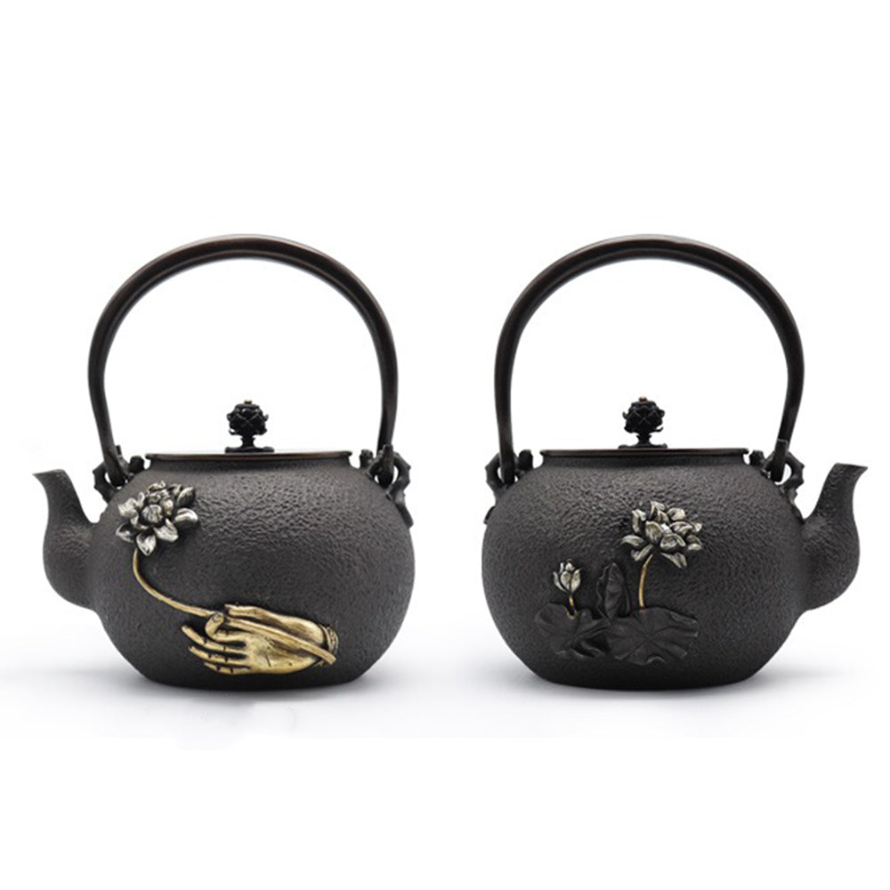 Cast Iron Teapot Buddha Hand Lotus Gold Silver 1300ml Copper
