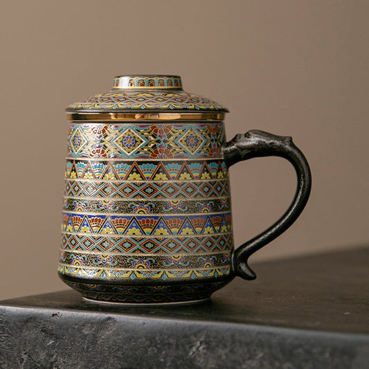 Ceramic Tea Cup with Infuser – Dunhuang Dragon Handle Gold Silver Inlay 400ml