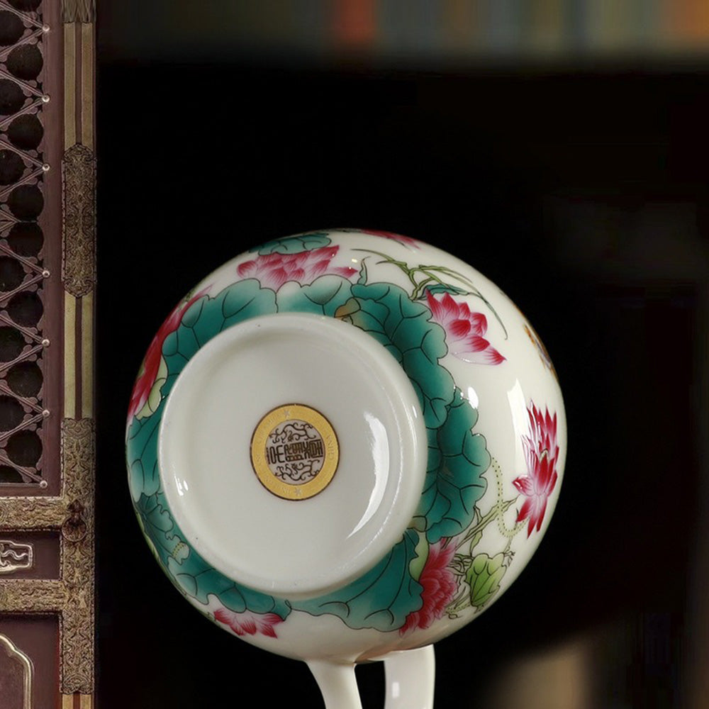 Porcelain Tea Cup with Lid & Saucer – Lotus Fish 350ml
