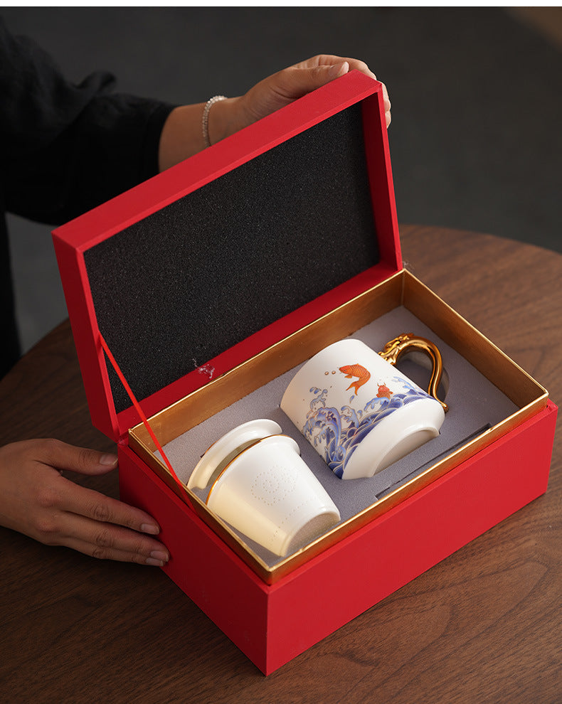 Porcelain Tea Cup Koi Fish Gold Handle – 450ml Lid & Infuser
