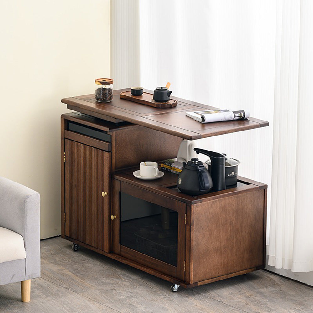 Tea Table Walnut Wood Movable 360° Rotate with Storage