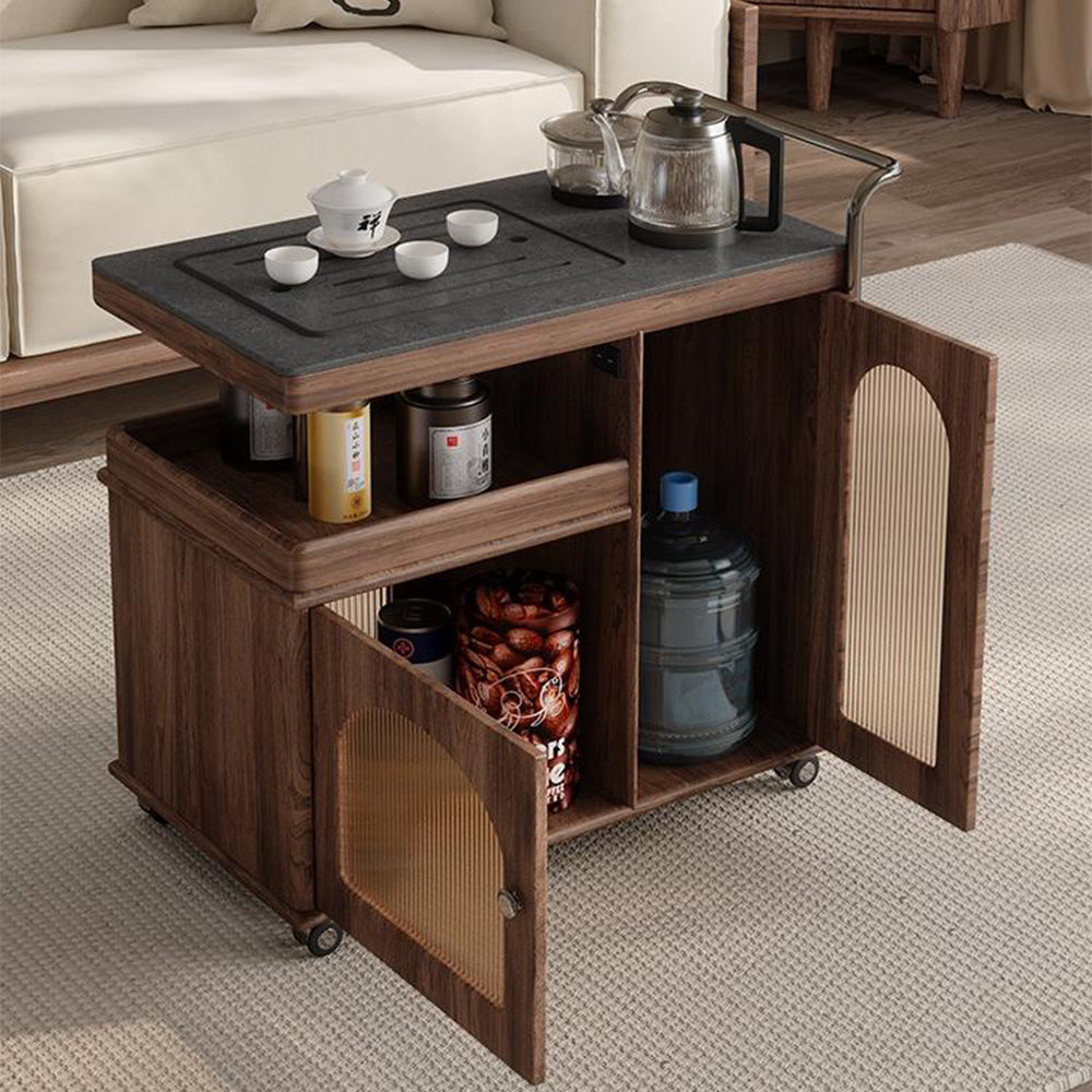 Rolling Tea Table Solid Wood & Black Stone Serving Cart