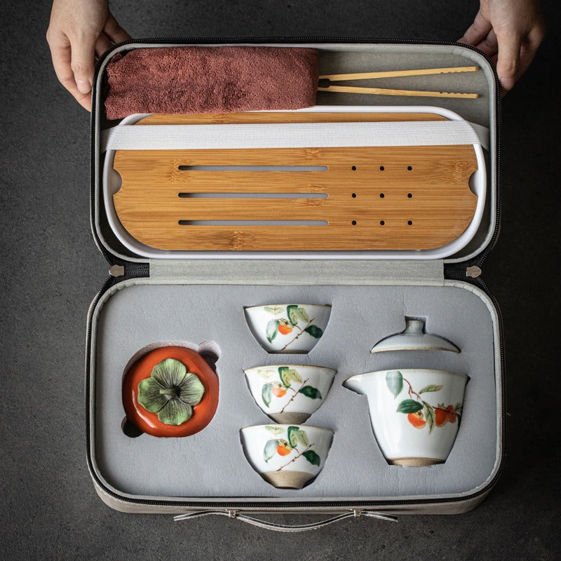 Travel Tea Set Ruyao Persimmon Ceramic Portable 4pc