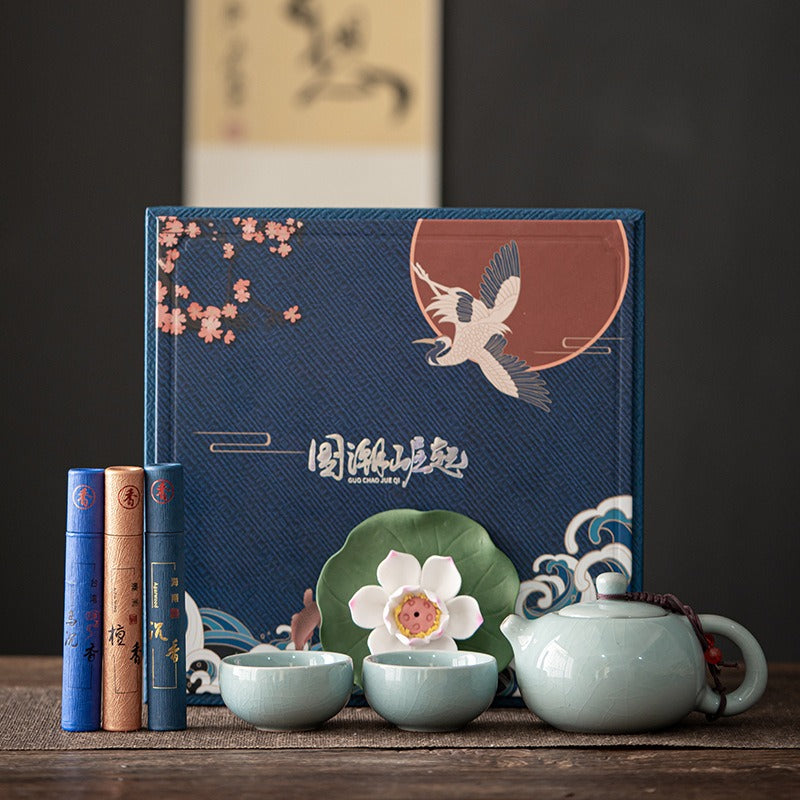 Geyao Ceramic Tea Set with Lotus Incense Holder