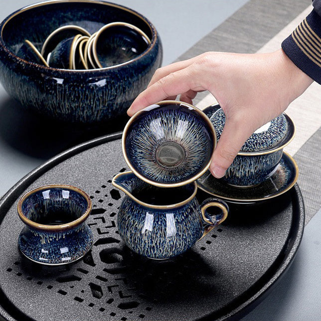 Jian Zhan Tea Set Starry Sky Glaze Teapot 6 Cups Gaiwan