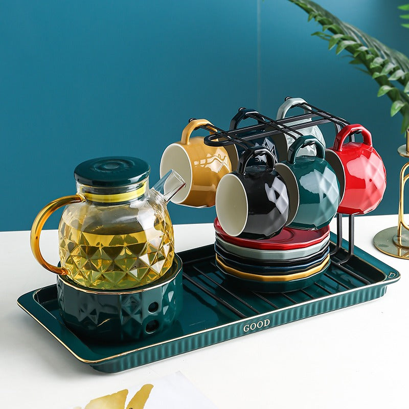 Afternoon Tea Set with Warmer – Glass Teapot & 6 Ceramic Cups