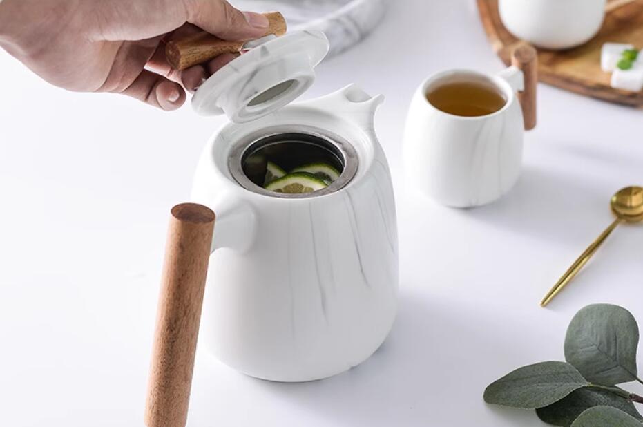 Porcelain Tea Set with Teapot, 4 Cups & Wood Tray