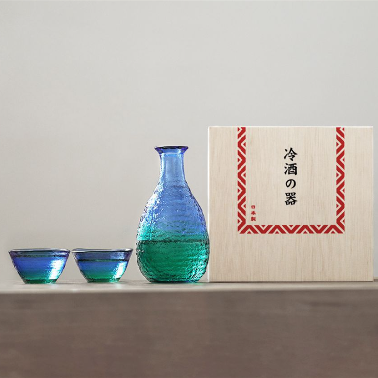 Sake Set | Handcrafted Glass Sake Set with Bottle & 2 Cups