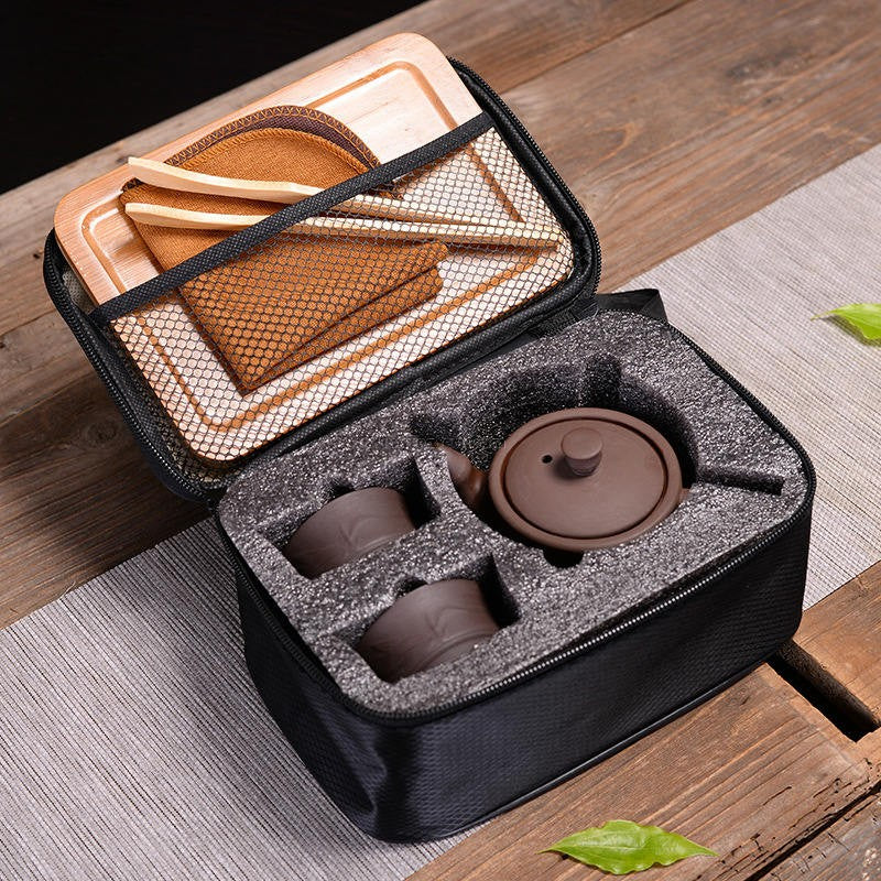 Travel Tea Set Purple Clay Teapot 2 Cups Tray Bag 4-Piece