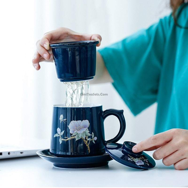 Silver-Lined Dehua Tea Cup with Infuser | Blue Egret 400ml