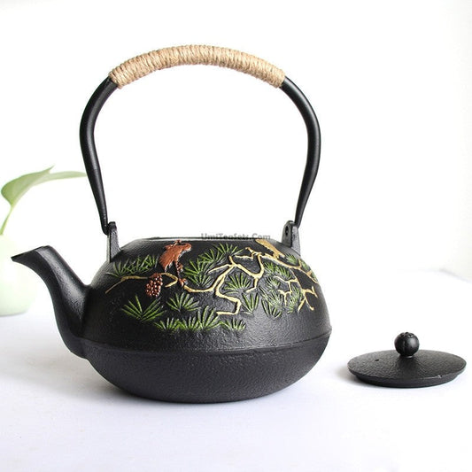 Cast Iron Teapot – Guest-Greeting Pine Engraved Tetsubin | Hemp Rope Handle, 1200ml Gongfu Tea Kettle
