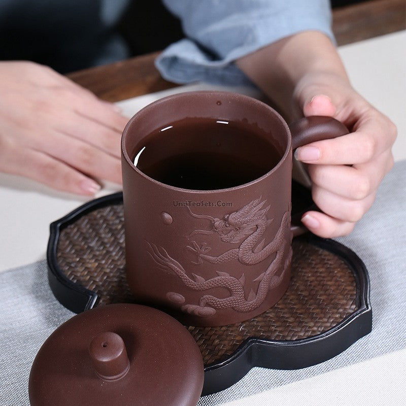 Purple Clay Tea Cup Yixing Dragon Carved Zisha 440ml Lidded