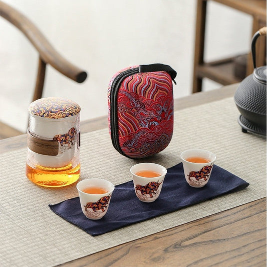Travel Tea Set Glass Porcelain Teapot 2 Cups Bag